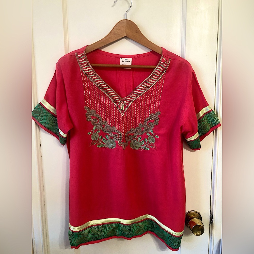 Embroidered Women’s Blouse, XL, linen, pink & green colors, made in Pakistan.